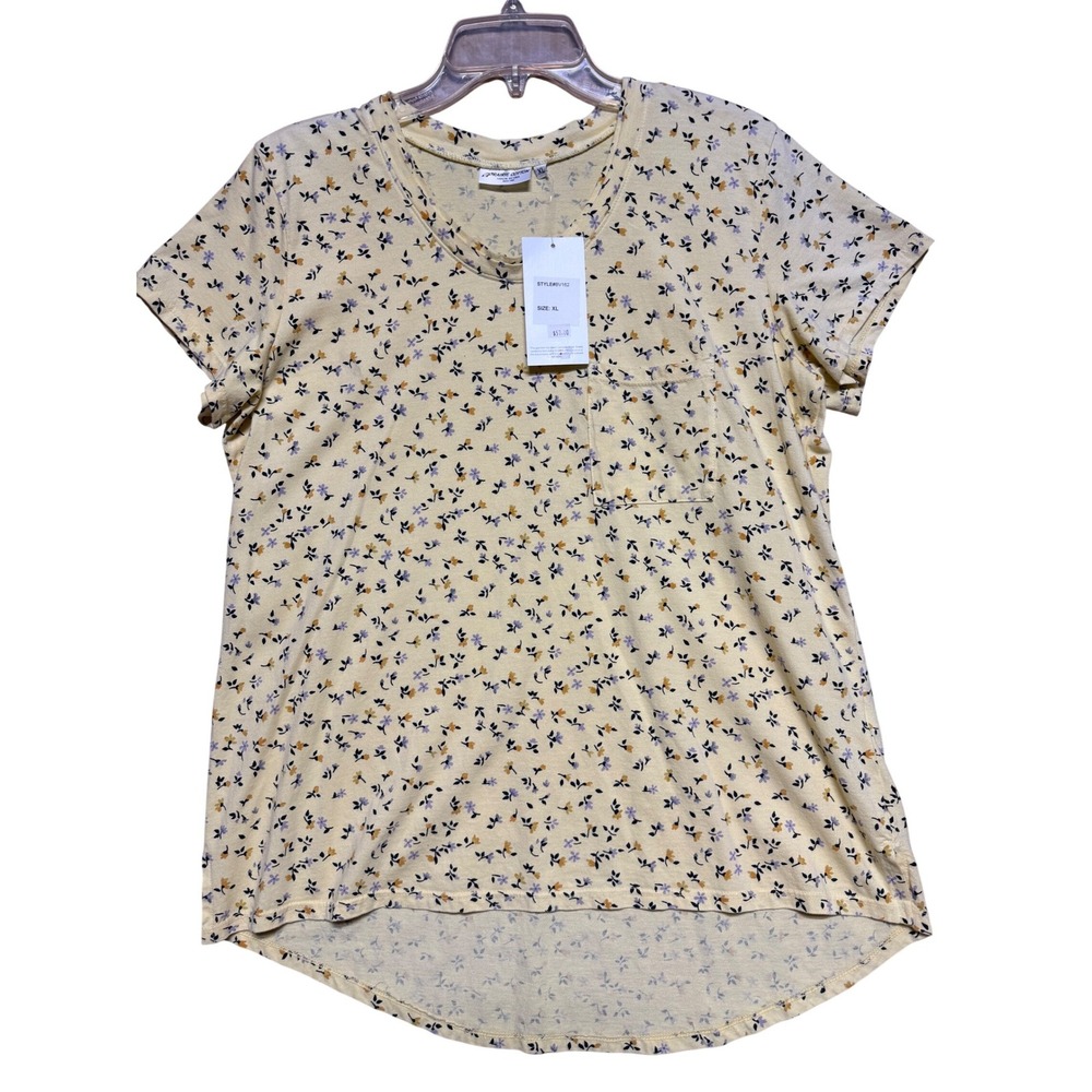 Prairie Cotton‎ Womens XL Floral Pocket T-Shirt Yellow Short Sleeve BV162 USA